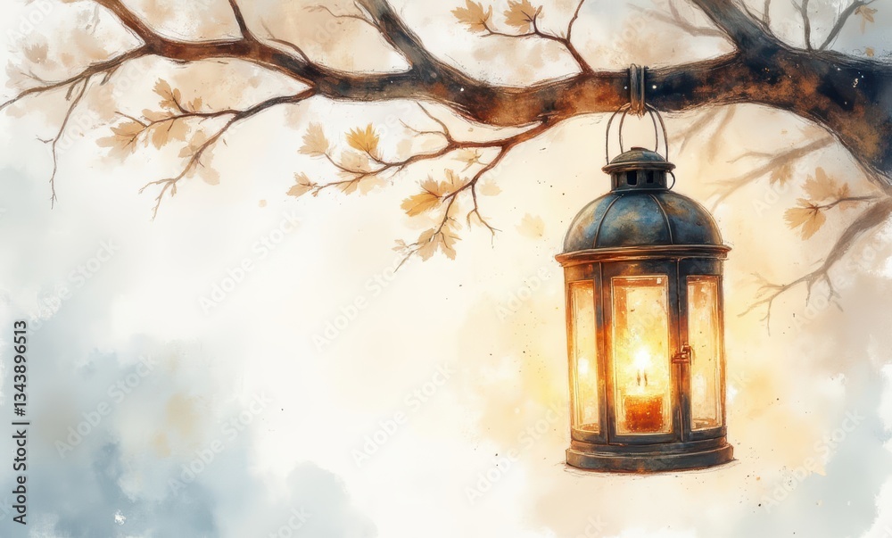 Illuminated lantern hanging from tree Illuminated lantern hanging from tree