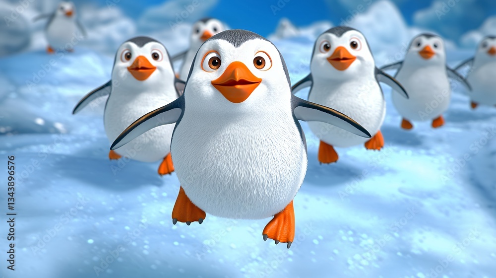 Fototapeta premium Playful Cartoon Penguins Waddling Across Snowy Landscape