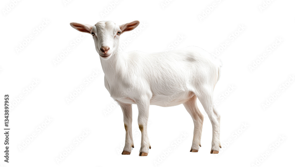 Fototapeta premium Isolated White Goat Standing on Transparent Background, Farm Animal Portrait with Clean Cutout for Design Projects
