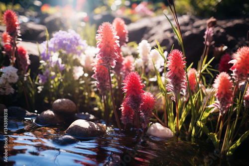 A tranquil portrait of a gentle brook embraced by towering blades of grass and untamed blossoms, invoking a profound feeling of seclusion and organic concordance