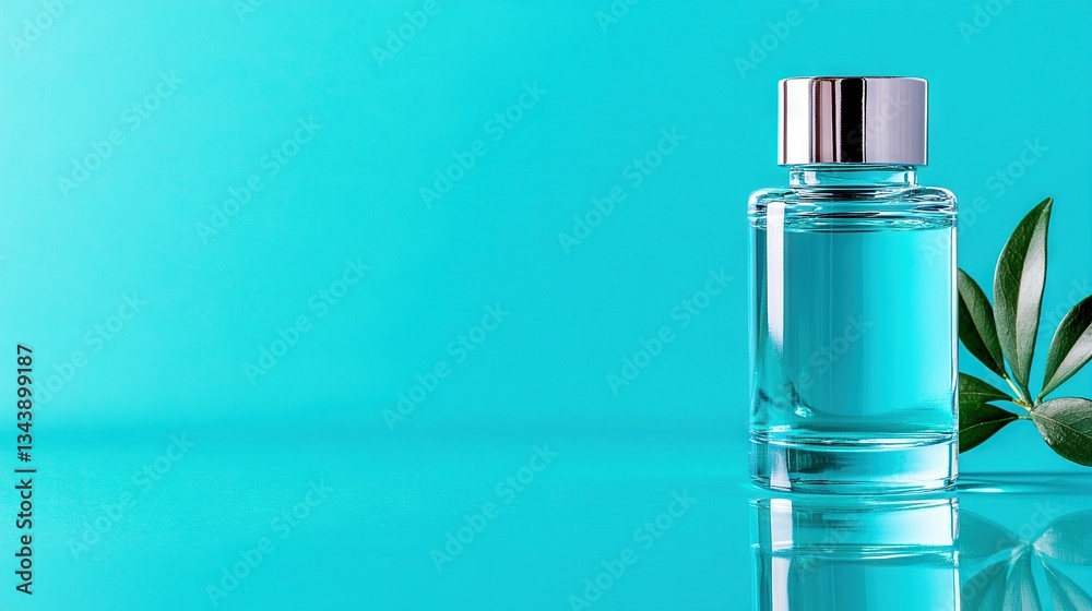 A bottle of perfume sits atop a table alongside a lush green plant against a vibrant blue backdrop A bottle of perfume sits atop a table alongside a lush green plant against a vibrant blue backdrop