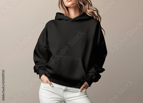 Sweat shirt hoodie mockup. Person standing, wearing hoodie. Blouse empty area for design. Fashion mockup, casual outfit, sweat shirt hoodie. Sweat shirt clear space for print design, mock up