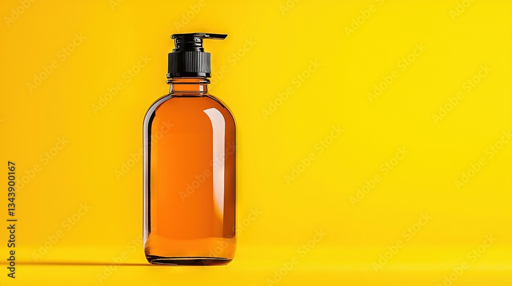 A close-up photo of a bottle filled with liquid against a bright yellow backdrop The black nozzle stands out on top of the container A close-up photo of a bottle filled with liquid against a bright yellow backdrop The black nozzle stands out on top of the container