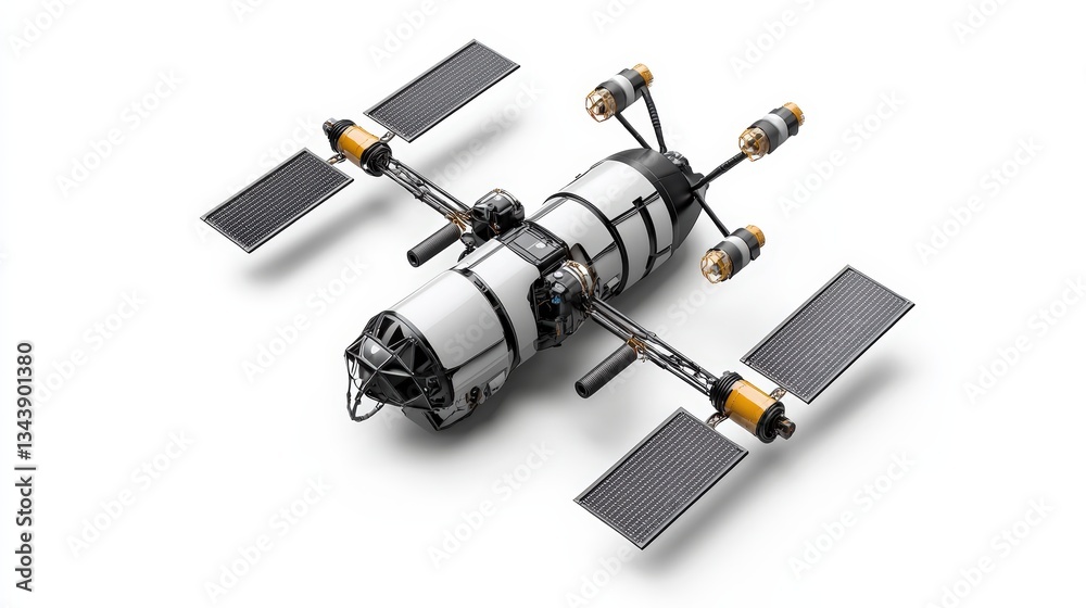 Futuristic spacecraft model showcasing advanced design and technology with solar panels and propulsion systems. Futuristic spacecraft model showcasing advanced design and technology with solar panels and propulsion systems.