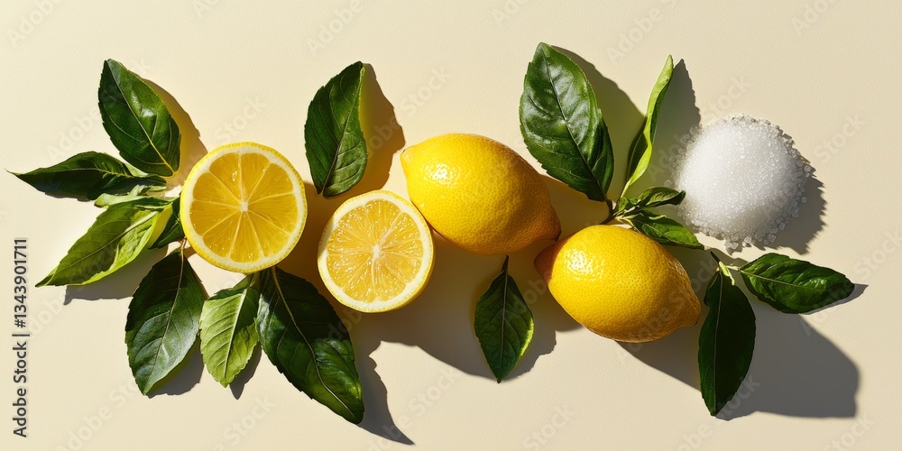 Obraz premium Fresh Lemons and Sugar on Yellow Background with Green Leaves