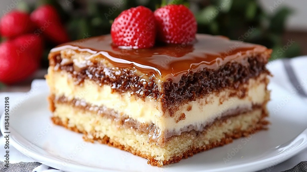 A plate with a close-up of cake and strawberries, with the cake visible in the background A plate with a close-up of cake and strawberries, with the cake visible in the background