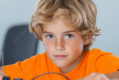 Portrait of a Freckled Blond Boy in Orange Shirt