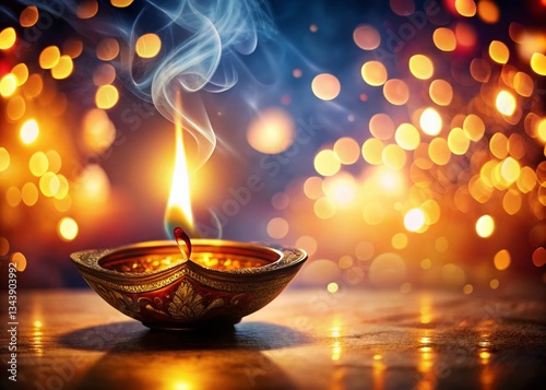 Diwali Festival of Lights, 3D Rendered Illuminated Oil Lamp, Double Exposure Photography