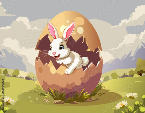Funny Easter bunny jumping out of a cracked Easter egg, vector illustration with perfectly sharp outlines on white background.
