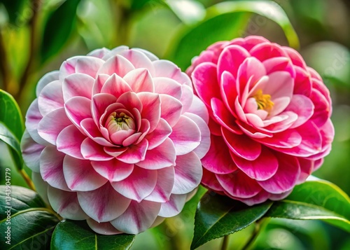 Double Bloom Camellia Flower Close-up, Pink and White Petals, Spring Blossom