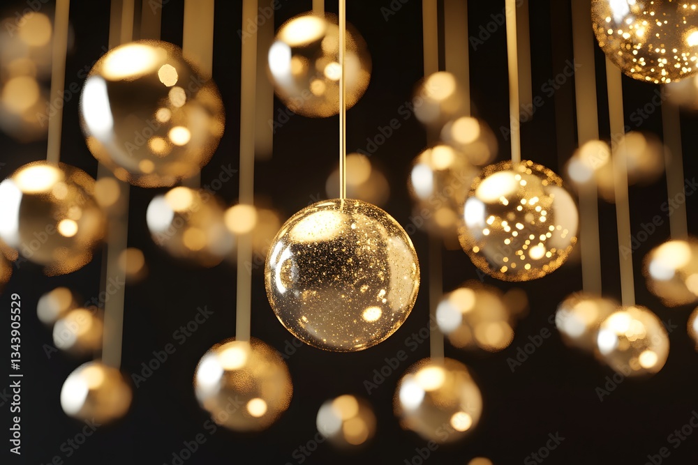 Floating Golden Spheres Suspended glowing golden spheres of varying sizes softly illuminating the stage Floating Golden Spheres Suspended glowing golden spheres of varying sizes softly illuminating the stage