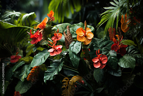 An and portrayal of a rainforest, adorned with cascading layers of verdant foliage, blossoms, and palpable ambiance of moisture and abundant life that characterizes these extraordinary habitats