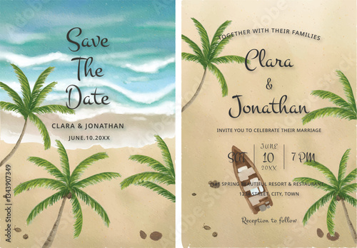 Watercolor ocean beach landscape with tropical palm tree wedding invitation