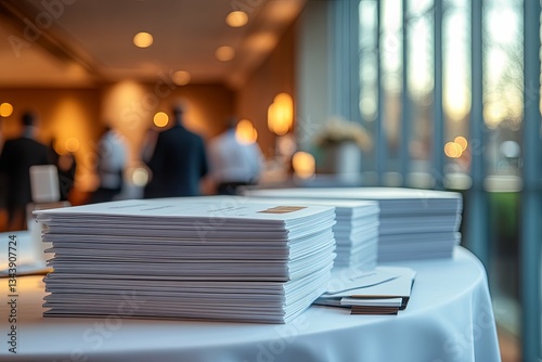 Stacks of printed materials on a table at an event reception