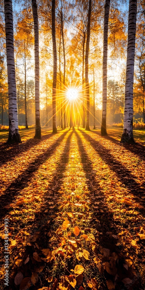 Obraz premium Golden Sunlight Filtering Through Autumnal Birch Tree Forest with Fallen Leaves on the Ground