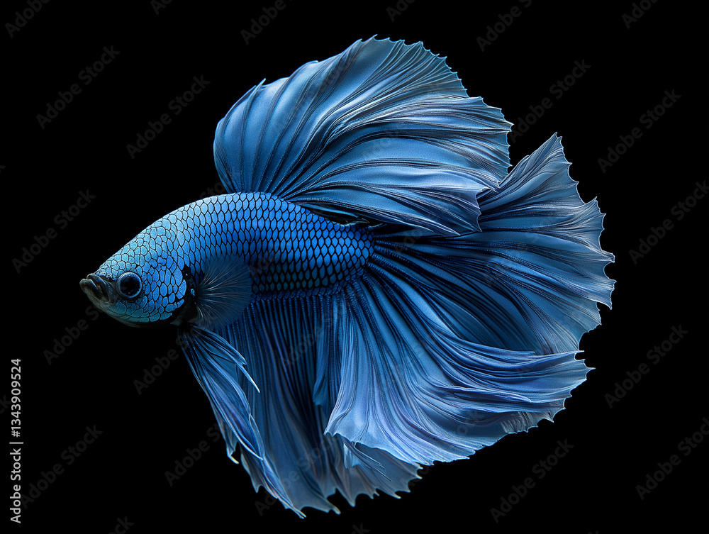 Fototapeta premium stunning Betta fish (Siamese fighting fish), known for its vibrant colors and flowing fins. The fish is displayed against a pure black background