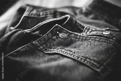 Close-up of Black Denim Fabric and Stylish Jean Button Detail
