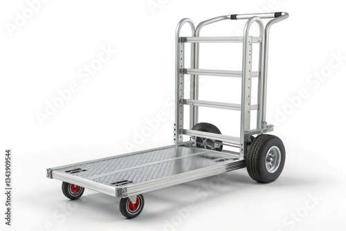 Metal utility cart, industrial dolly, heavy-duty hand truck, aluminum frame, large wheels.
