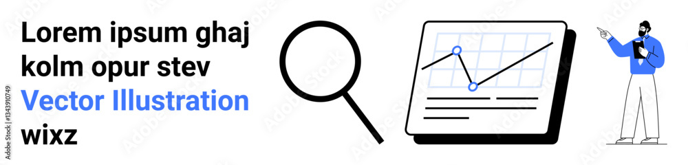 Magnifying glass, data chart with upward trend, person presenting insights. Ideal for analytics, business growth, strategy, research, presentations, education simple landing page Magnifying glass, data chart with upward trend, person presenting insights. Ideal for analytics, business growth, strategy, research, presentations, education simple landing page