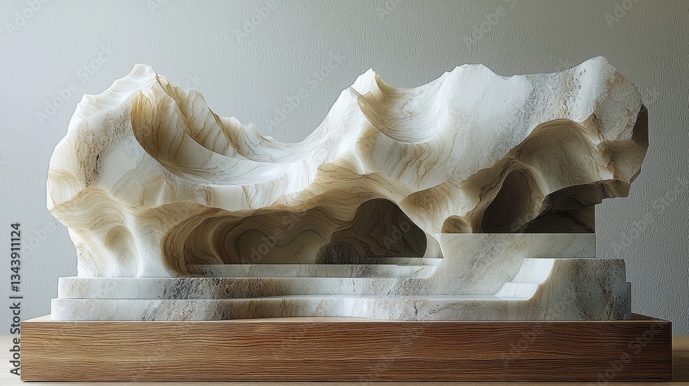 Abstract sculpture of layered stone on wooden base showcasing intricate textures Abstract sculpture of layered stone on wooden base showcasing intricate textures