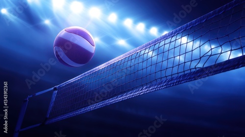 Volleyball game night action shot with dramatic lighting and dynamic net