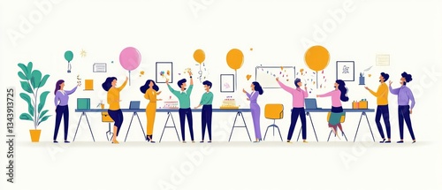 Birthday Office Party Team Event Cartoon Illustration Set Colleagues Celebrating Eating Pizza Fun Business Lunch Corporate Christmas New Year