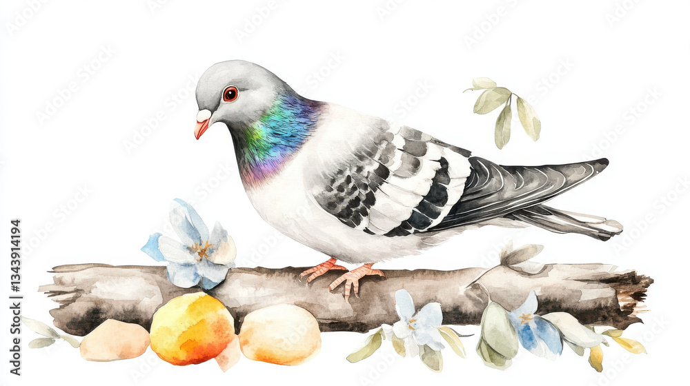 Naklejka premium Watercolor illustration of a pigeon perched on a wooden branch with delicate flowers and ripe fruits. Hand painted realistic wildlife animal art on a white isolated background