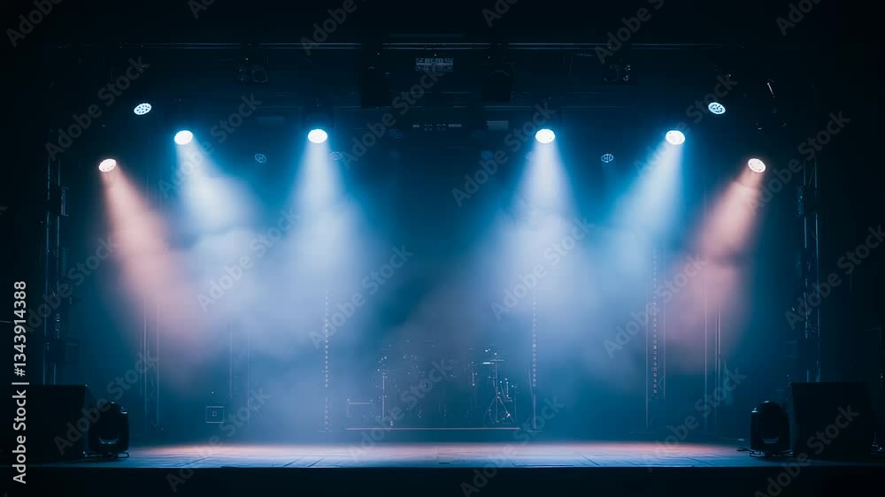 Bright stage lights illuminate an empty concert venue, casting a hazy glow through the fog. The dramatic atmosphere suggests anticipation before a live performance