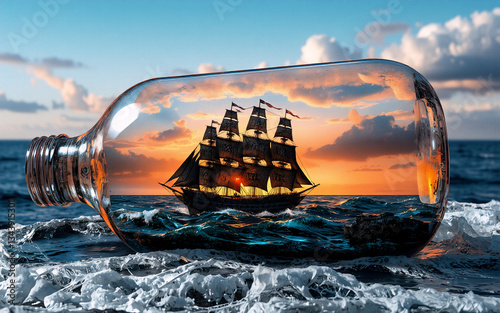 A sailing ship is encased within a glass bottle, resting on a turbulent sea under a colorful sunset sky. This whimsical scene blends maritime adventure with surreal containment.