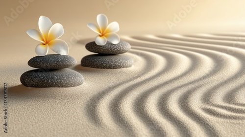 Zen Garden Still Life with Stones, Frangipani Flowers and Raked Sand Patterns