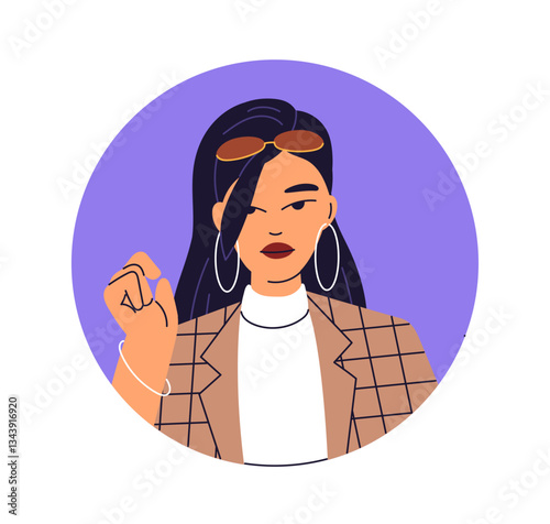 Young Asian woman, face avatar. Female in stylish outfit, sunglasses, hoop earrings. Confident chic modern girl, head portrait, user profile. Flat vector illustration isolated on white background