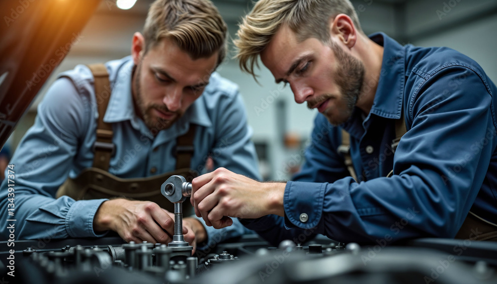Fototapeta premium Mechanic tightening a bolt with a wrench in a workshop, warm diffused lighting highlighting details