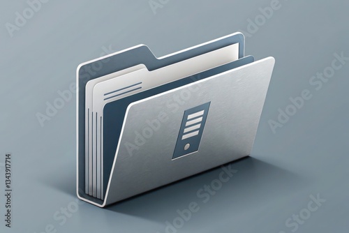 Silver metallic folder icon, 3D render, minimalist design, document organization, glossy surface, angled perspective.