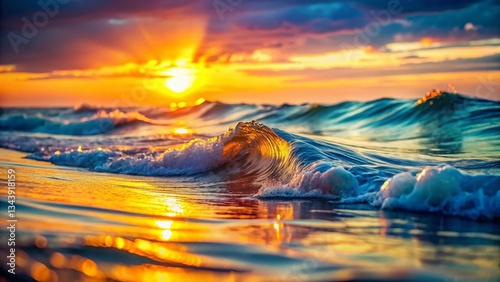 Dreamy Pastel Waves: Softly Blurred Golden Ocean Sunset Stock Photo