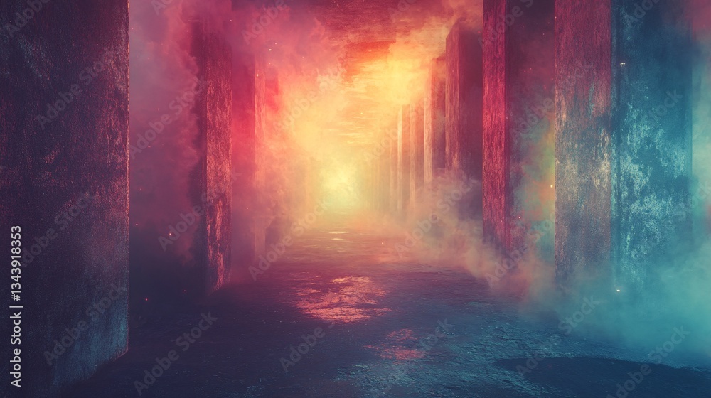 Fototapeta premium A glowing paint mist floating through a dark cyberpunk setting