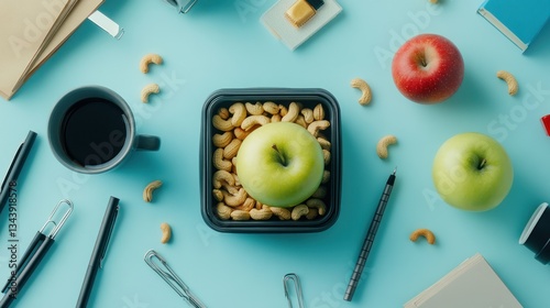 Balanced work snack arrangement with apples, nuts and coffee on light surface