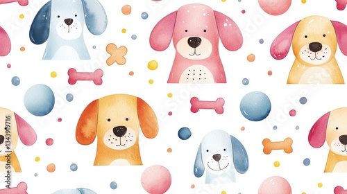 Cute Dogs Pattern: A cheerful, seamless pattern featuring adorable, watercolor-style dogs in various pastel colors, interspersed with playful bones and balls, creating a fun and engaging design.