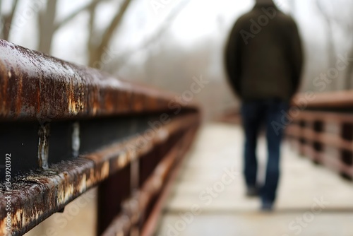 A blurry figure walking on a bridge, with the railing barely visible, symbolizing the fragility of emotional stability and the constant balancing act between clarity and confusion. 