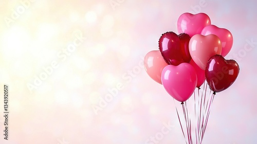   A sea of red and pink heart-shaped balloons adorns the forefront of a pink and white boke, casting a hazy glow