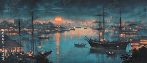 Ships harbor with lanterns at dusk