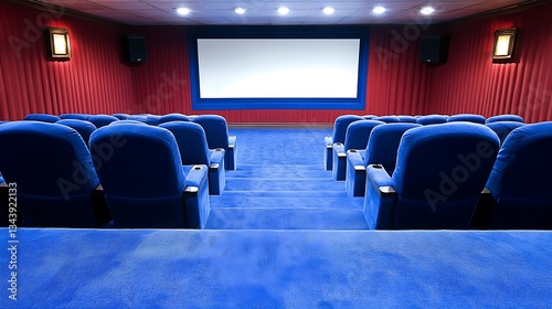 Interior of a classic movie theater with rows of blue seating