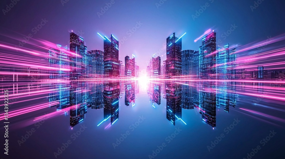 Obraz premium futuristic cityscape with reflective skyscrapers, neon-lit reflections, cutting-edge business buildings, cyberpunk-inspired architecture, towering glass structures, innovative urban development,