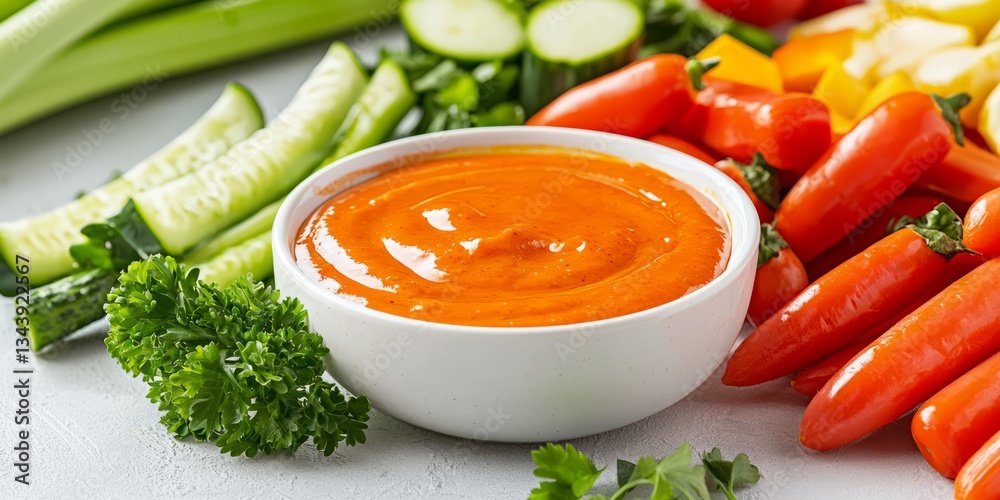Fresh Vegetables with Creamy Red Sauce on a Light Textured Background Fresh Vegetables with Creamy Red Sauce on a Light Textured Background