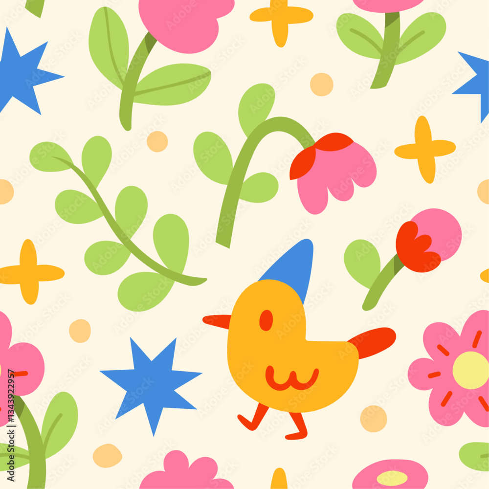 Fototapeta premium Cute vector seamless pattern with birds and floral elements. Cartoon beautiful background.