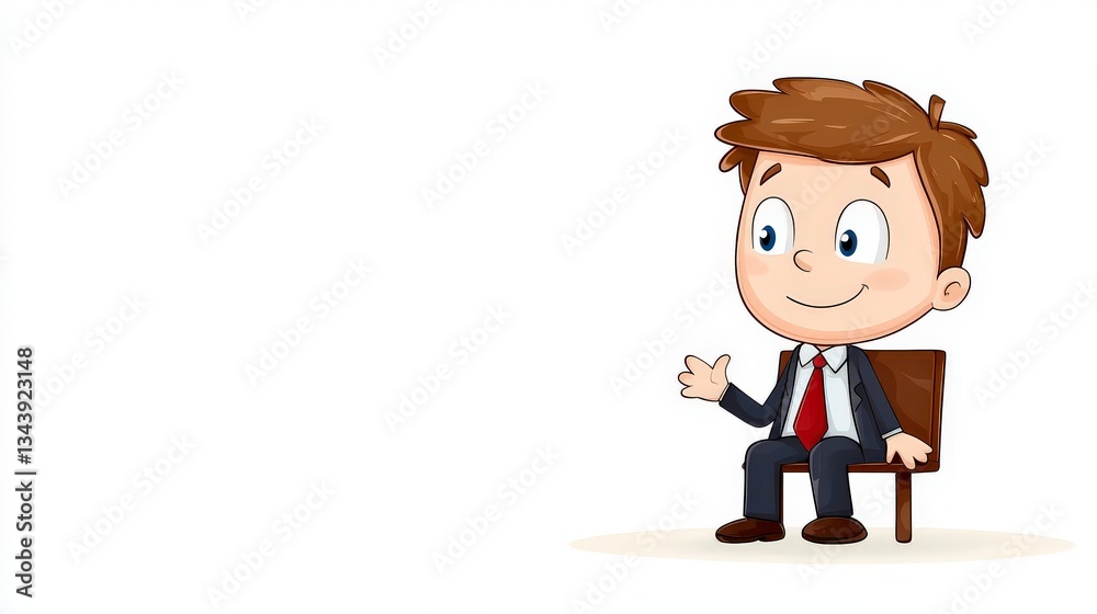 Confident Businessman in Suit, Welcoming Gesture: An illustration depicts a charming businessman in a suit, seated with a welcoming wave. Confident Businessman in Suit, Welcoming Gesture: An illustration depicts a charming businessman in a suit, seated with a welcoming wave.
