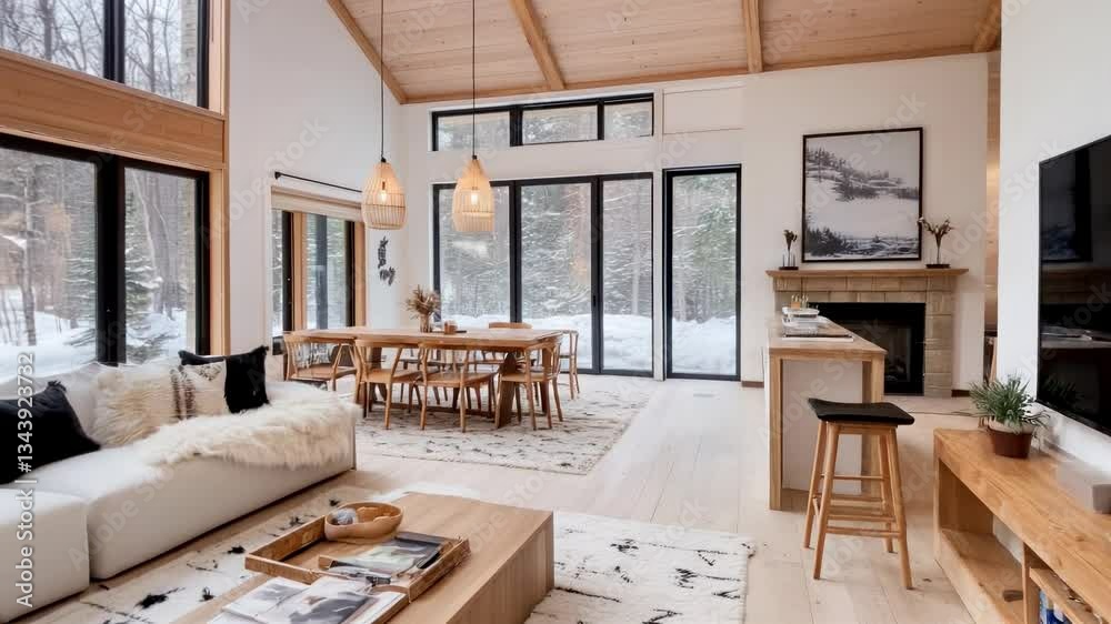 Modern living room with panoramic windows overlooking snowy forest. Cozy white sectional sofa, wooden coffee tables. Winter retreat, scandinavian design. Real estate showcase, holiday rental
