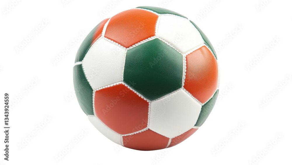 Classic soccer ball with green, white, and orange panels on a transparent background Concept of sports, recreation, and international games Classic soccer ball with green, white, and orange panels on a transparent background Concept of sports, recreation, and international games