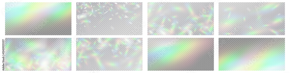 Rainbow light prism effect, transparent background. Hologram reflection, crystal flare leak shadow overlay.	