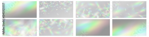 Rainbow light prism effect, transparent background. Hologram reflection, crystal flare leak shadow overlay.	