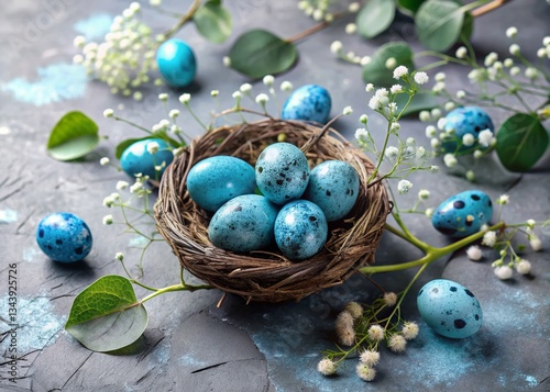 Easter Quail Eggs, Eucalyptus & Gypsophila Flowers on Gray